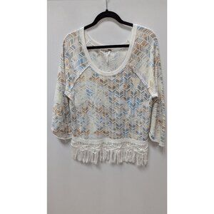 Free People White Printed Fringe Sweater